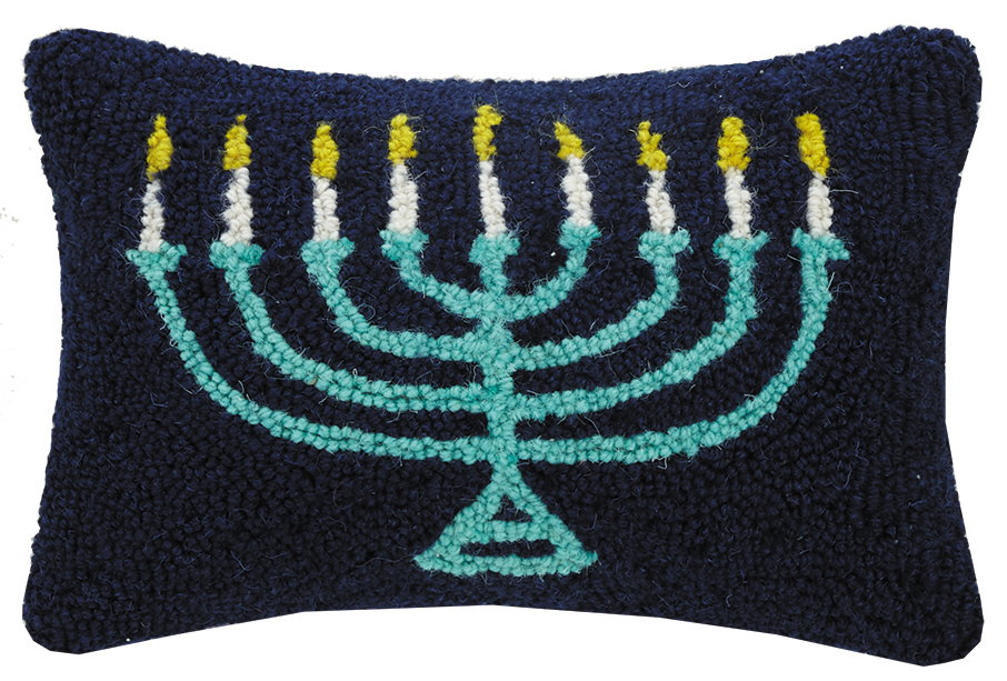 Menorah Hooked Wool Hanukkah Throw Pillow, 8x12 inch, front view