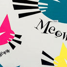 Closeup of Meow Cat Lovers needlepoint throw pillow highlighting hand-stitched wool craftsmanship and fabric detail
