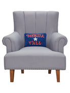 Merica Y'all Hooked Wool Throw Pillow on an armchair, showing the throw pillow at room scale, 8x12 inch