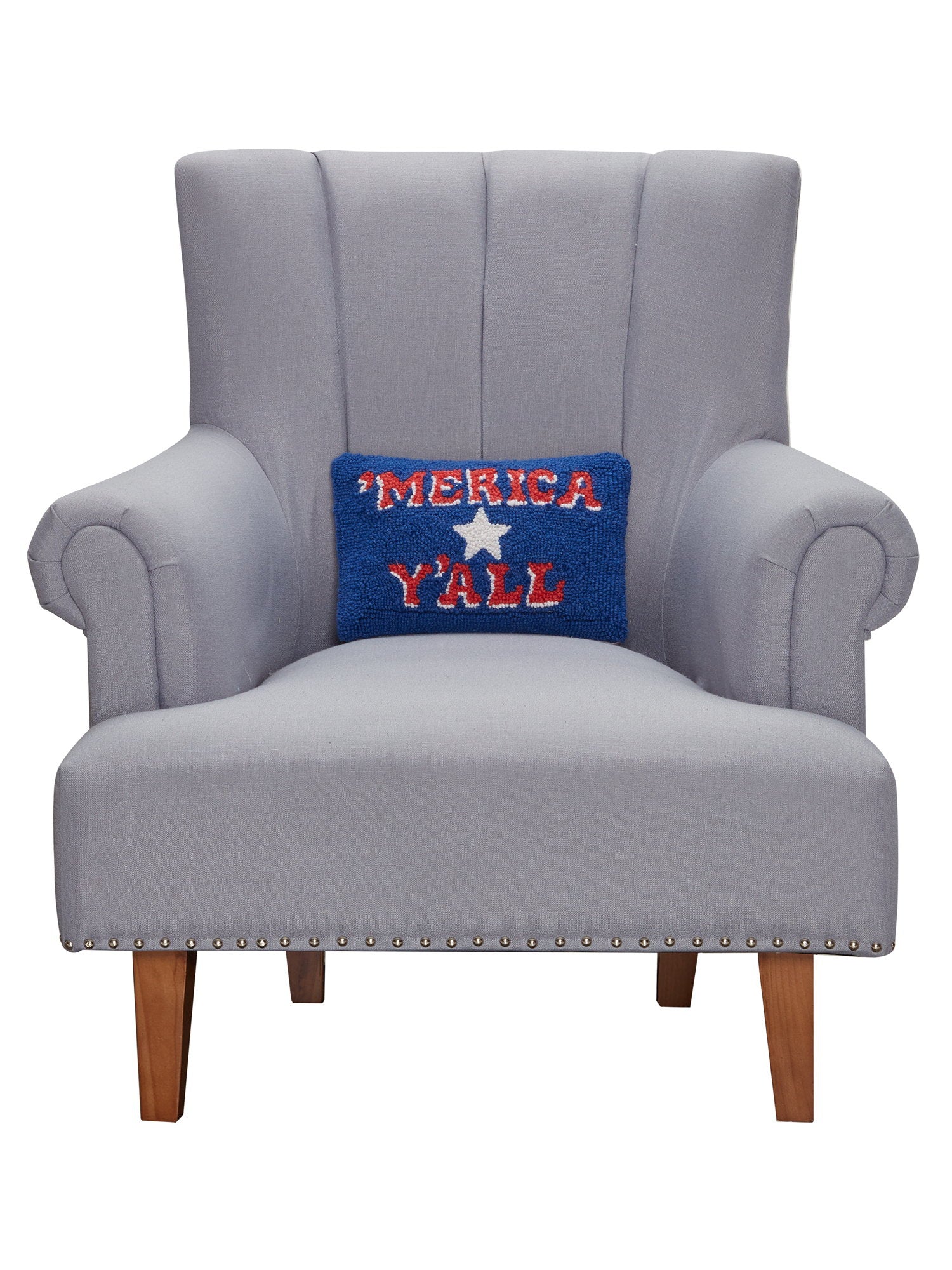 Merica Y'all Hooked Wool Throw Pillow on an armchair, showing the throw pillow at room scale, 8x12 inch