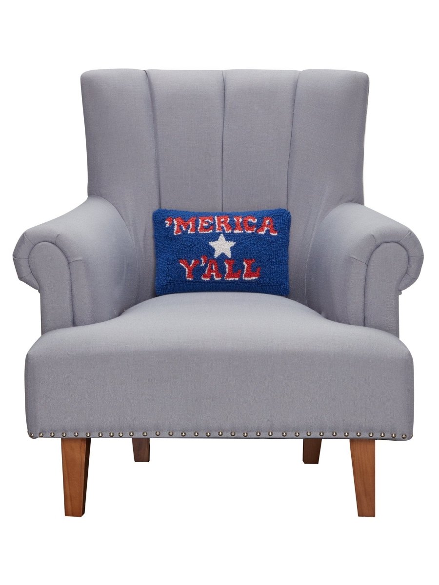 Merica Y'all Hooked Wool Throw Pillow on an armchair, showing the throw pillow at room scale, 8x12 inch