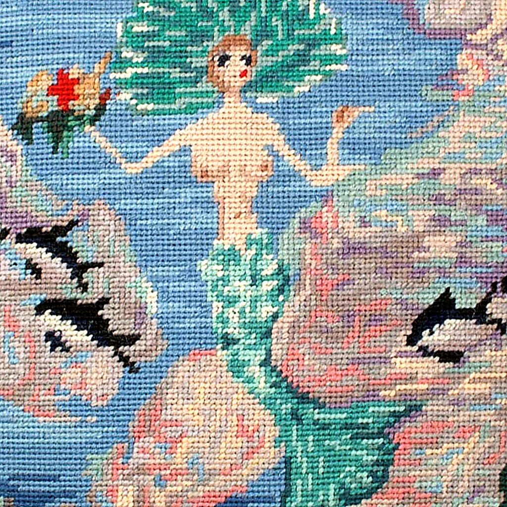 Mermaid In Sea pillow fabric closeup showing hand-embroidered needlepoint wool texture and color detail