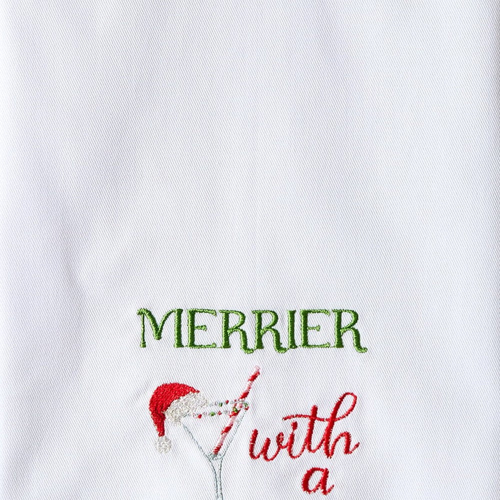 Closeup of Merrier with a Martini Embroidered Christmas Kitchen Towel showing stitch texture and craftsmanship detail