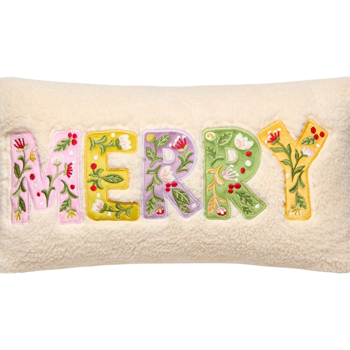 Merry Applique Embroidered Christmas Throw Pillow, close-up detail