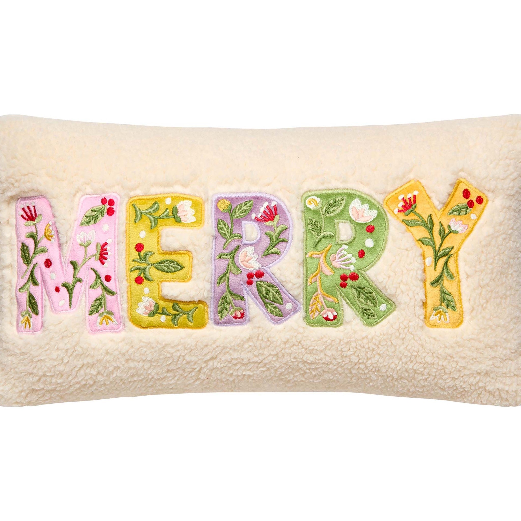 Merry Applique Embroidered Christmas Throw Pillow, close-up detail
