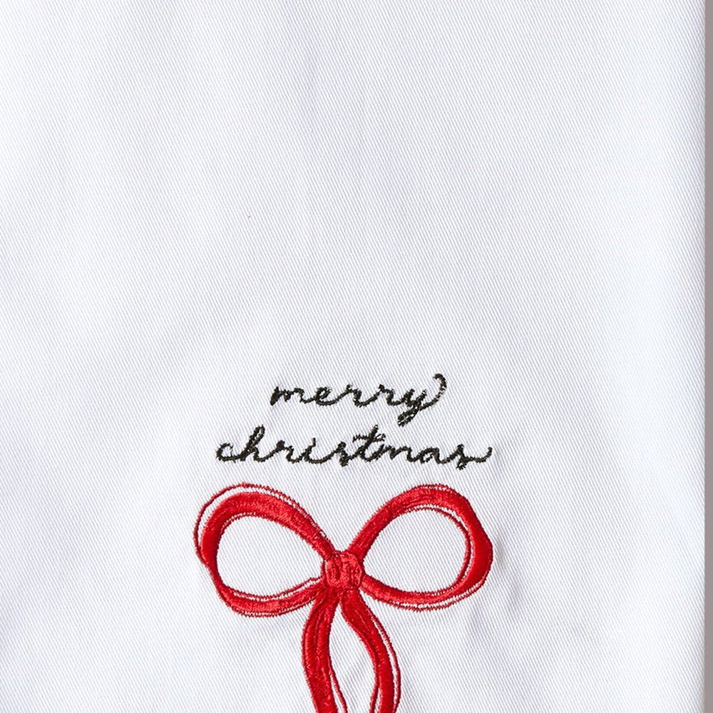 Closeup of Merry Bow Embroidered Christmas Kitchen Towel showing stitch texture and craftsmanship detail