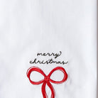 Closeup of Merry Bow Embroidered Christmas Kitchen Towel showing stitch texture and craftsmanship detail