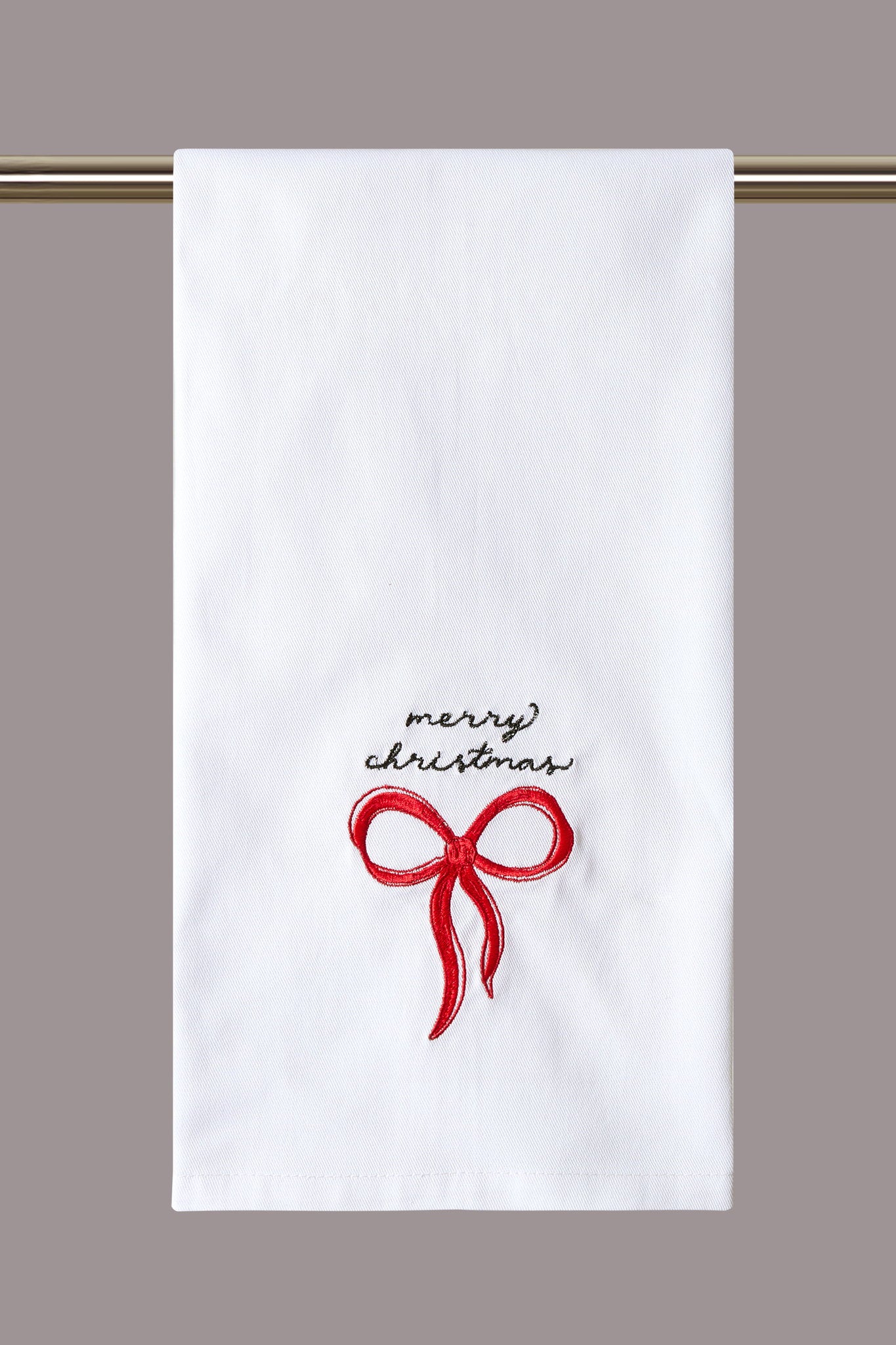 Merry Bow Embroidered Christmas Kitchen Towel, 16x25 inch, front view