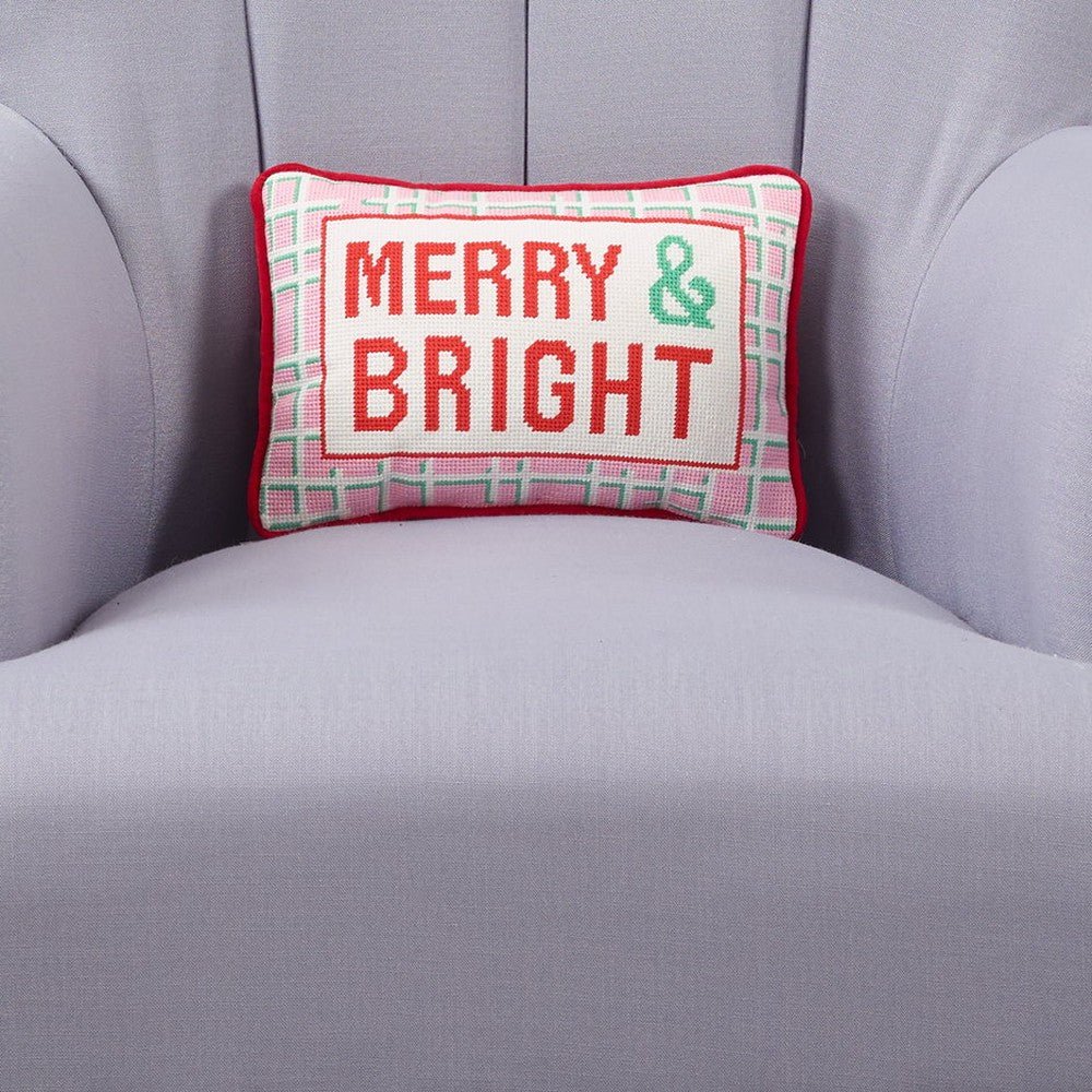 Closeup of Merry & Bright Embroidered Needlepoint Christmas Throw Pillow showing stitch texture and craftsmanship detail