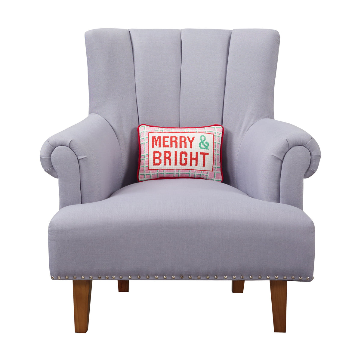 Merry & Bright Embroidered Needlepoint Christmas Throw Pillow, 8x12 inch, front view