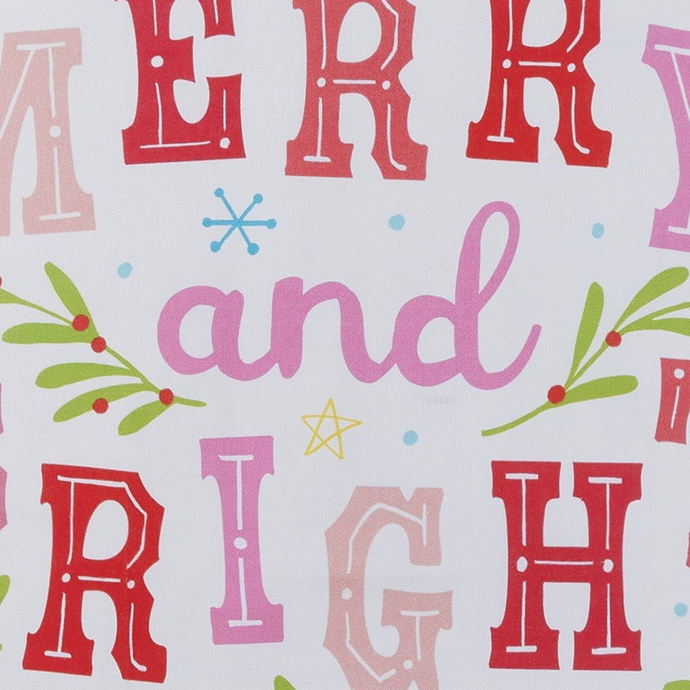 Closeup of Merry Bright with Pom Pom Christmas Kitchen Towel showing print and fabric detail