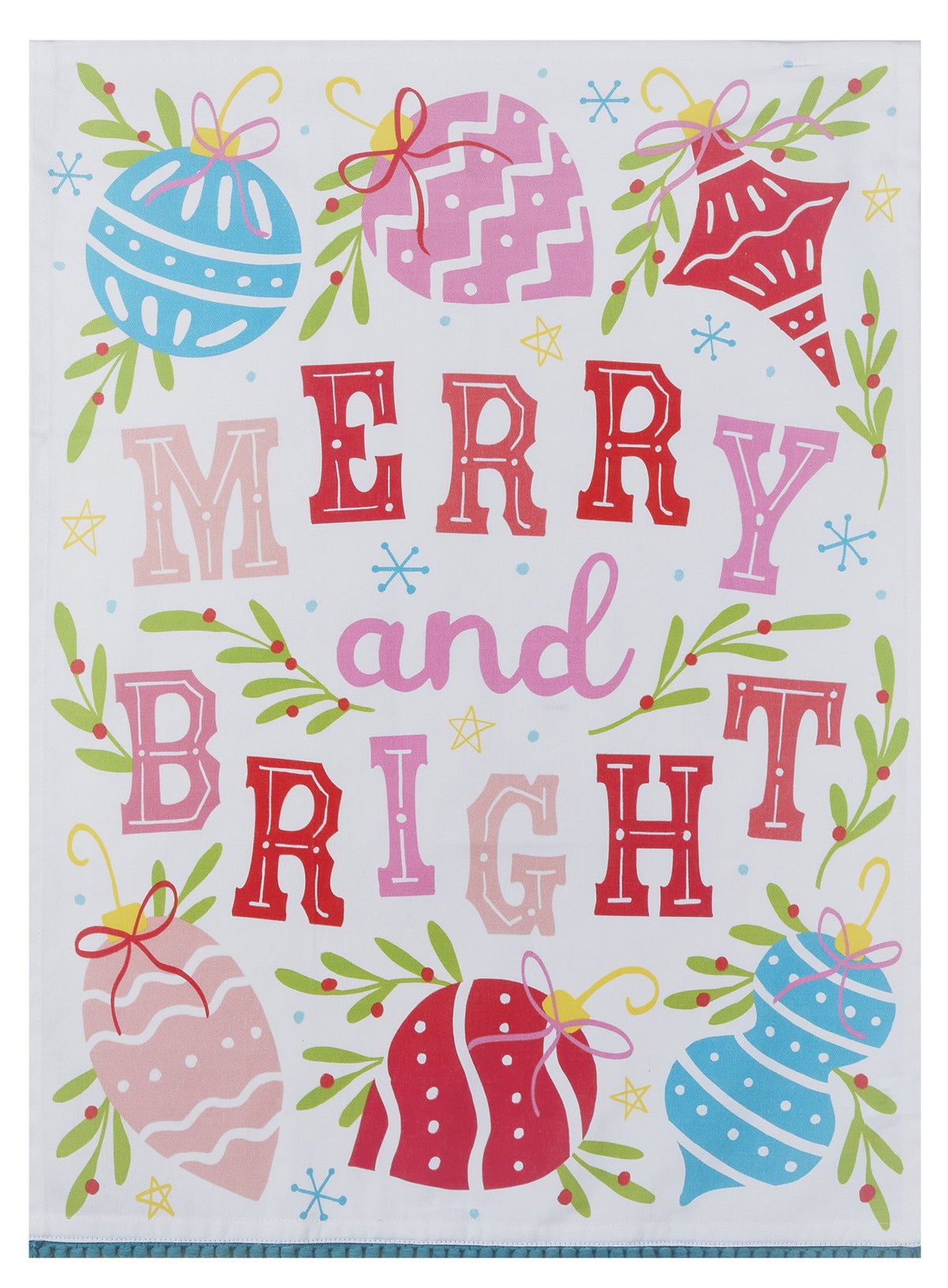 Merry Bright with Pom Pom Christmas Kitchen Towel, 18x25 inch, front view
