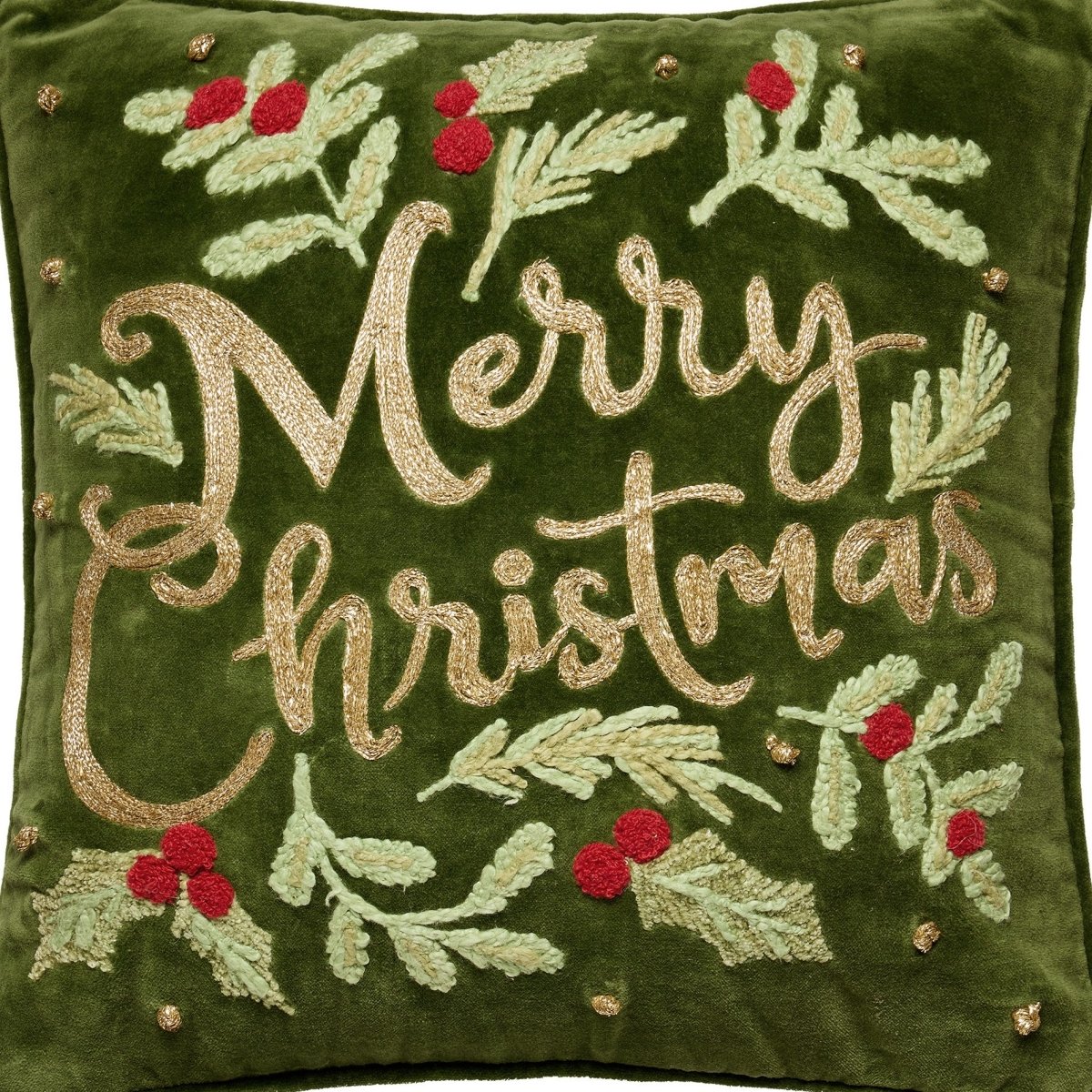 Merry Christmas Embroidered Throw Pillow, close-up detail