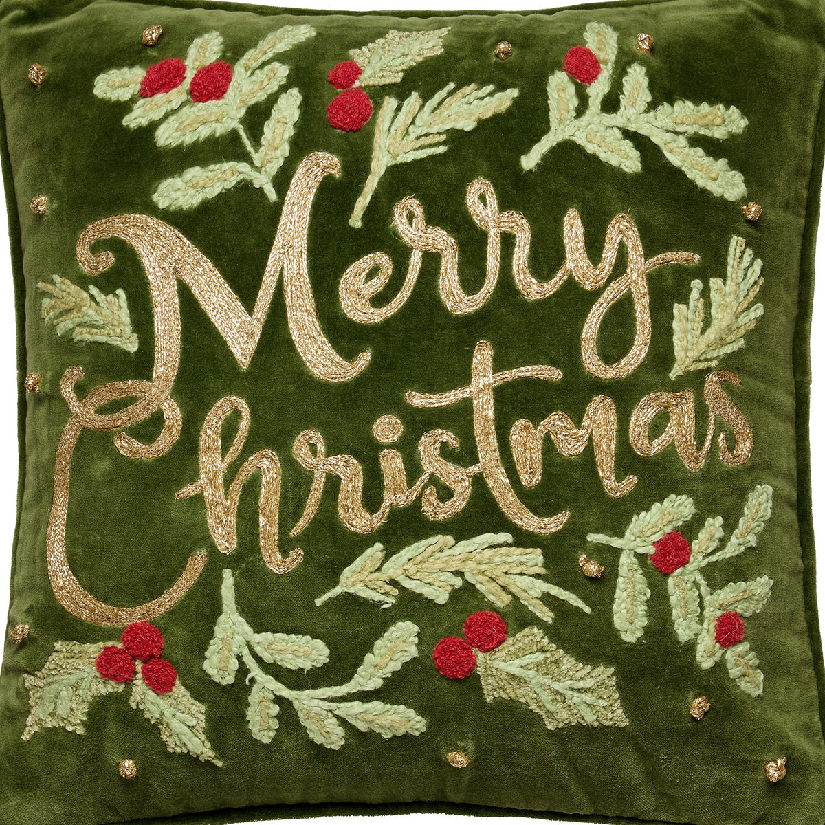 Merry Christmas Embroidered Throw Pillow, close-up detail