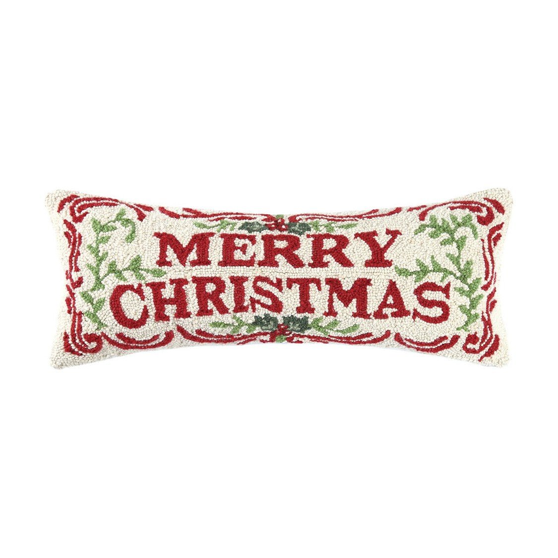 Merry Christmas Hooked Wool Throw Pillow, 10x26 inch, front view