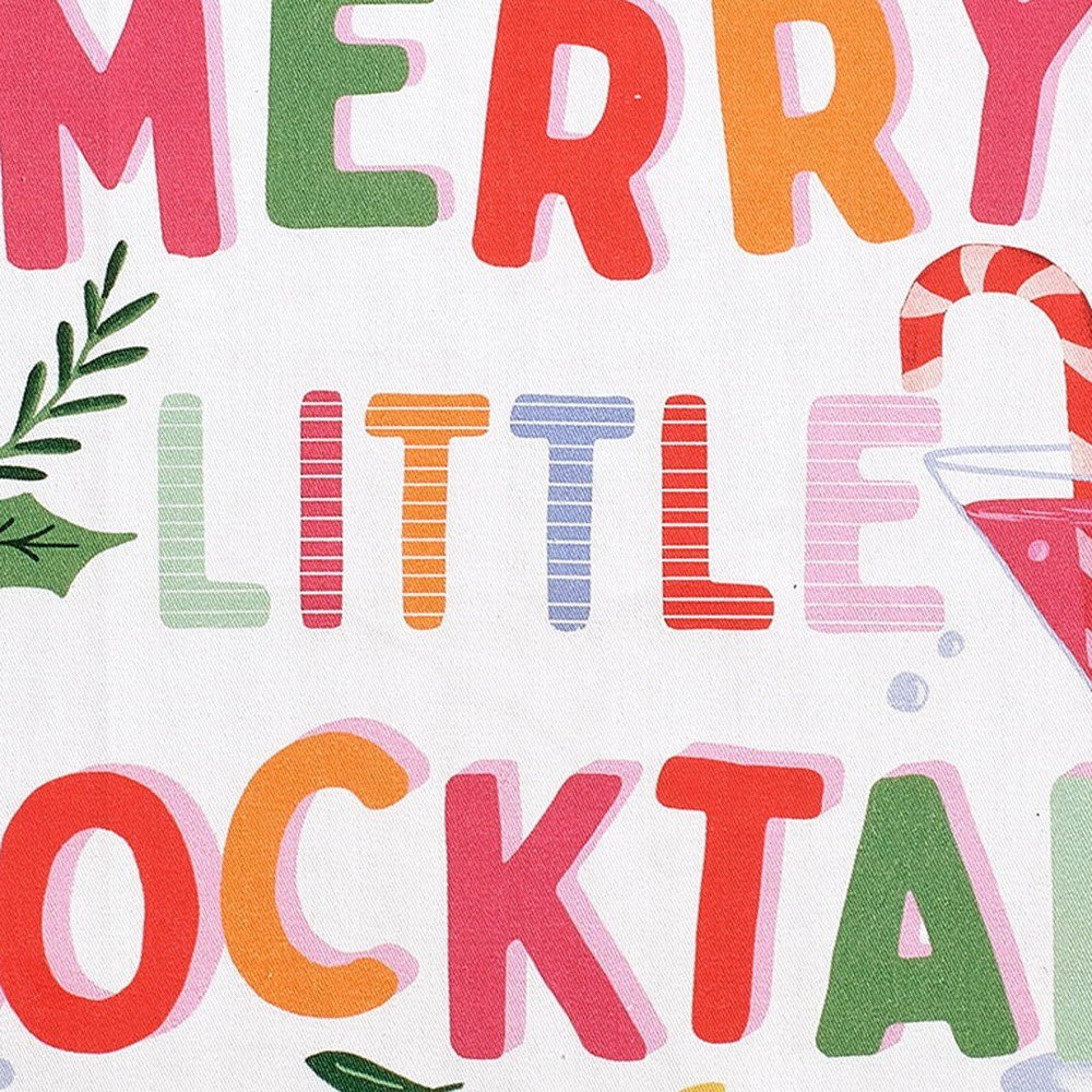 Closeup of Merry Cocktail Christmas Kitchen Towel showing print and fabric detail