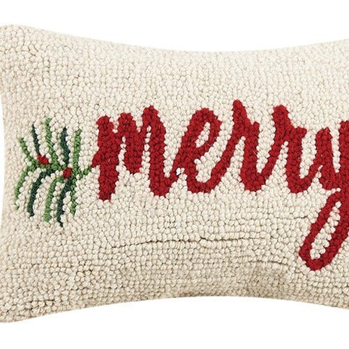 Merry Hooked Wool Christmas Throw Pillow, close-up detail