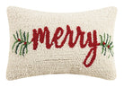Merry Hooked Wool Christmas Throw Pillow, 8x12 inch, front view