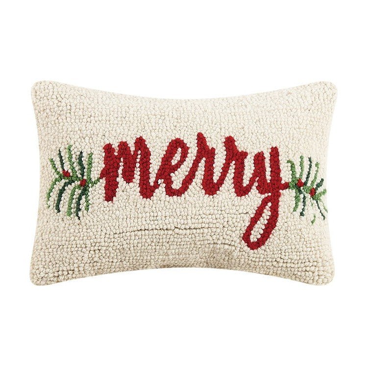 Merry Hooked Wool Christmas Throw Pillow, 8x12 inch, front view