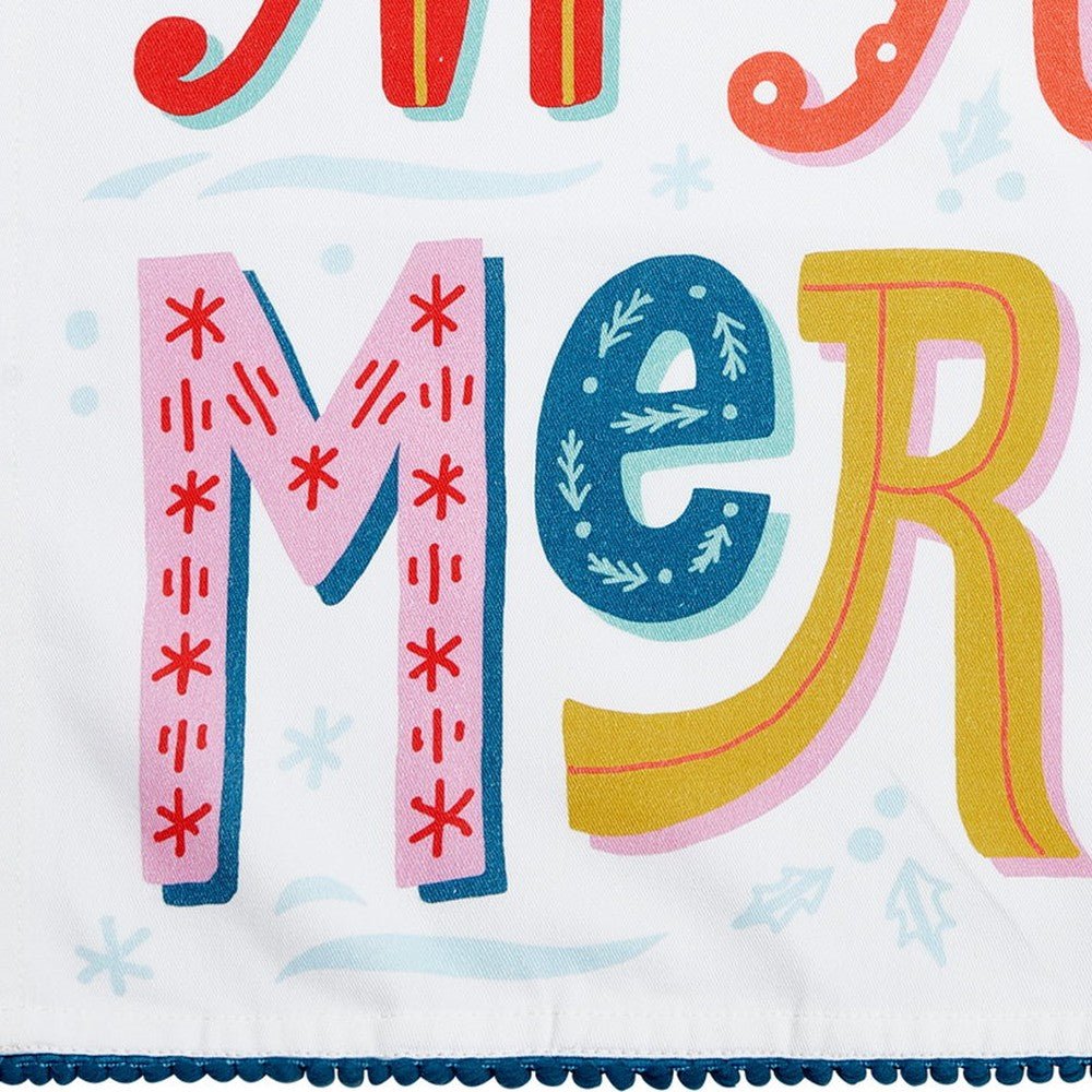 Closeup of Merry Merry Christmas Kitchen Towel showing print and fabric detail