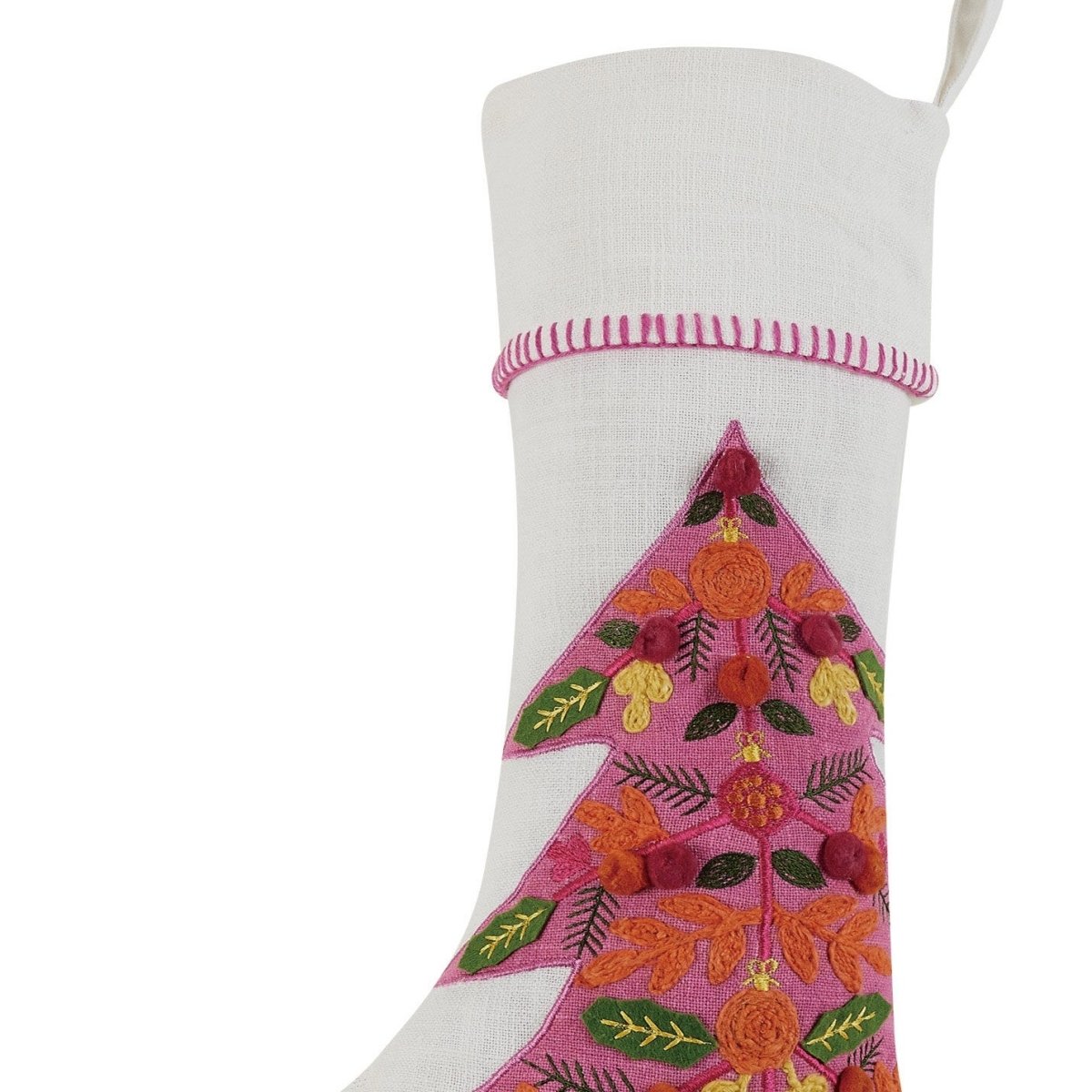 Merry Tree Embroidered Christmas Stocking, close-up detail