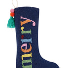 Merry with Pom Tassel Hooked Wool Christmas Stocking, close-up detail