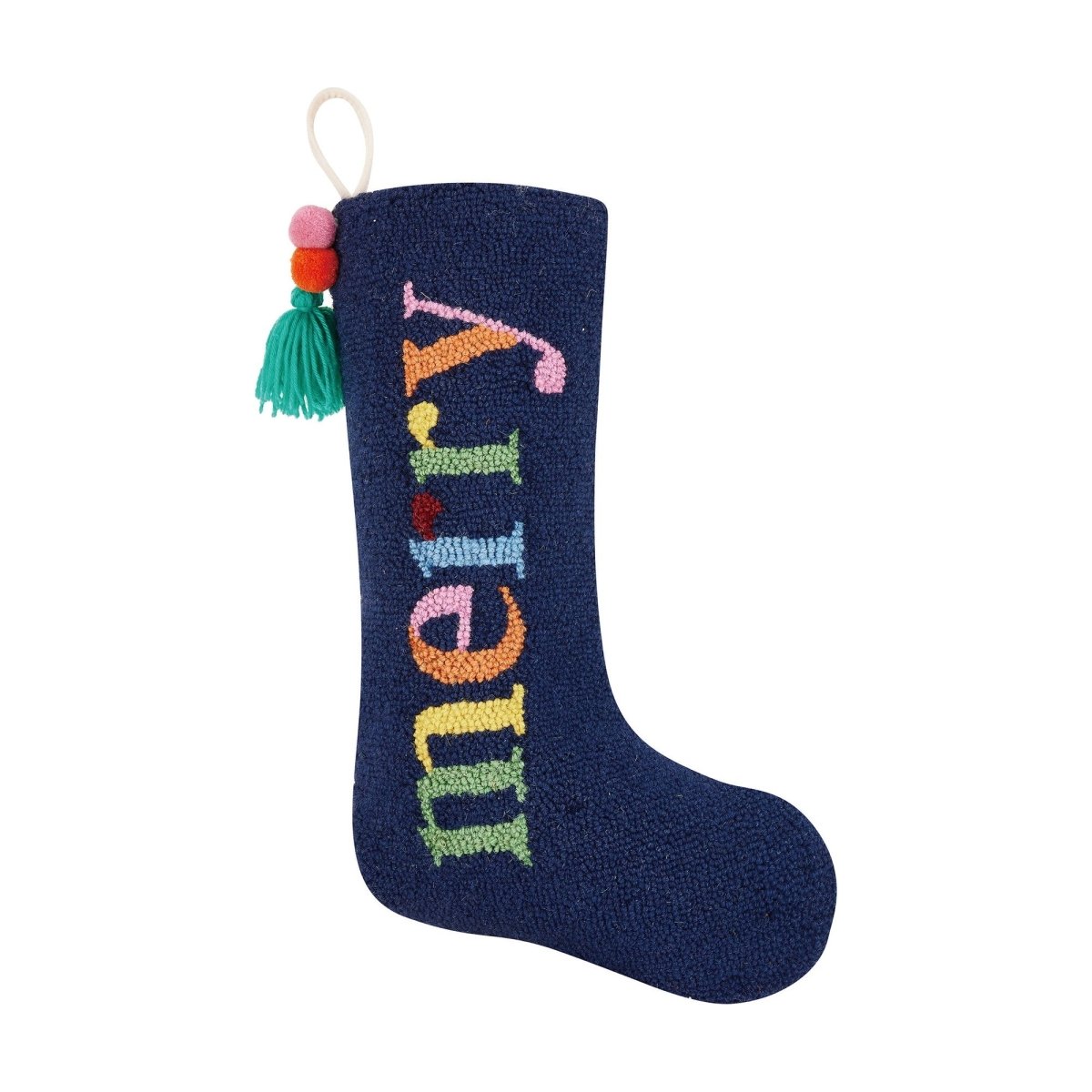 Merry with Pom Tassel Hooked Wool Christmas Stocking, 12x20 inch, front view