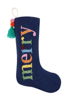 Merry with Pom Tassel Hooked Wool Christmas Stocking, 12x20 inch, front view