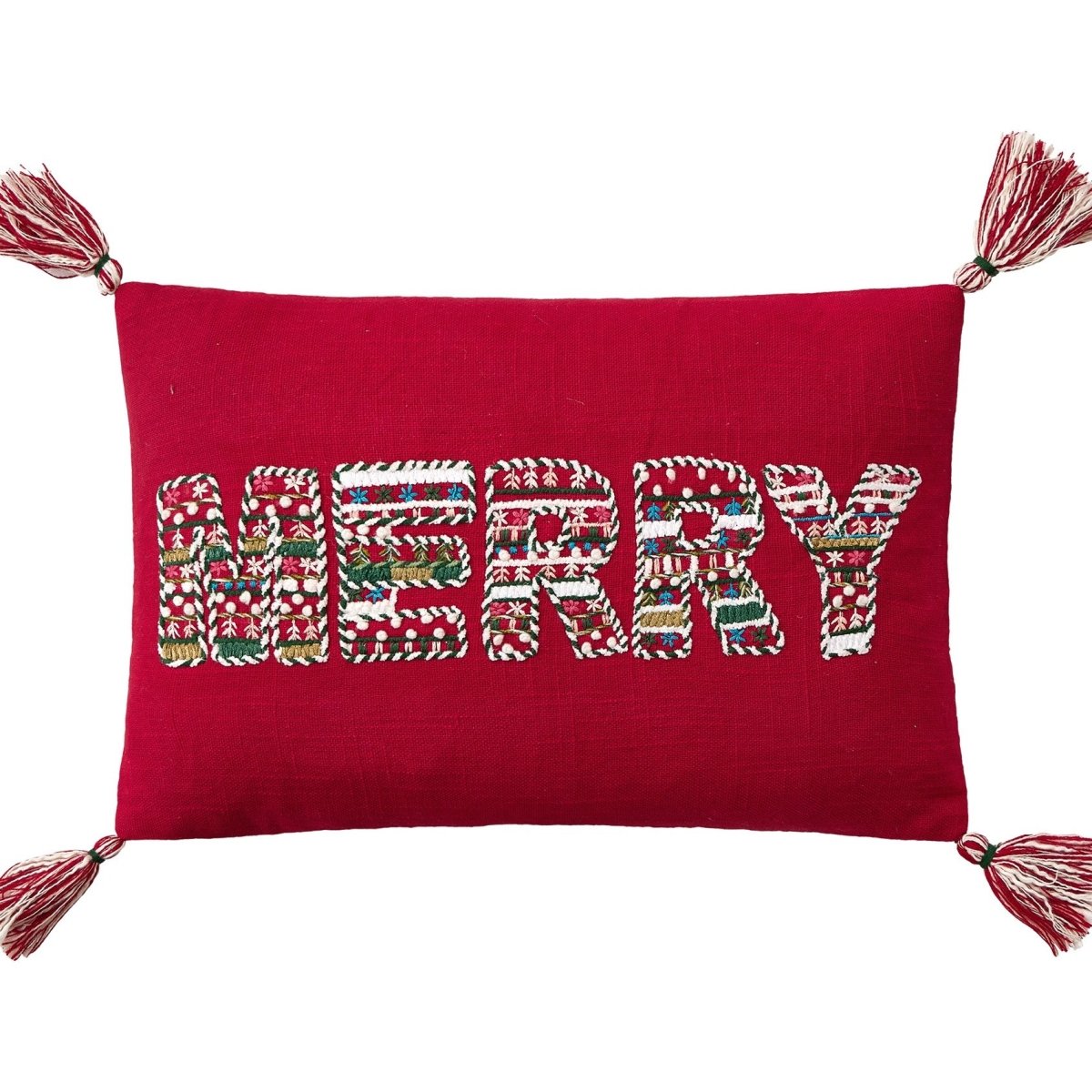 Merry with Tassels Embroidered Christmas Throw Pillow, close-up detail