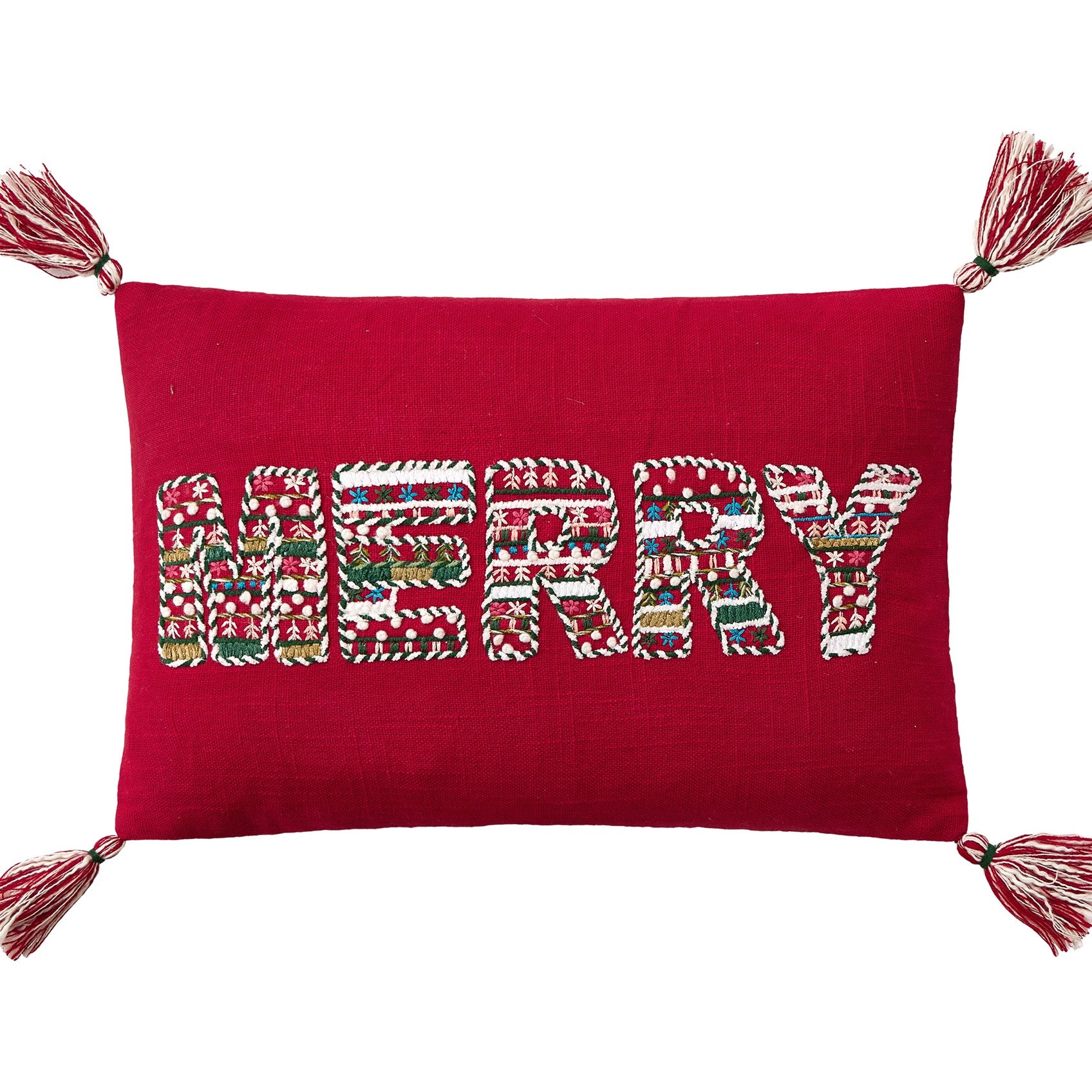 Merry with Tassels Embroidered Christmas Throw Pillow, close-up detail