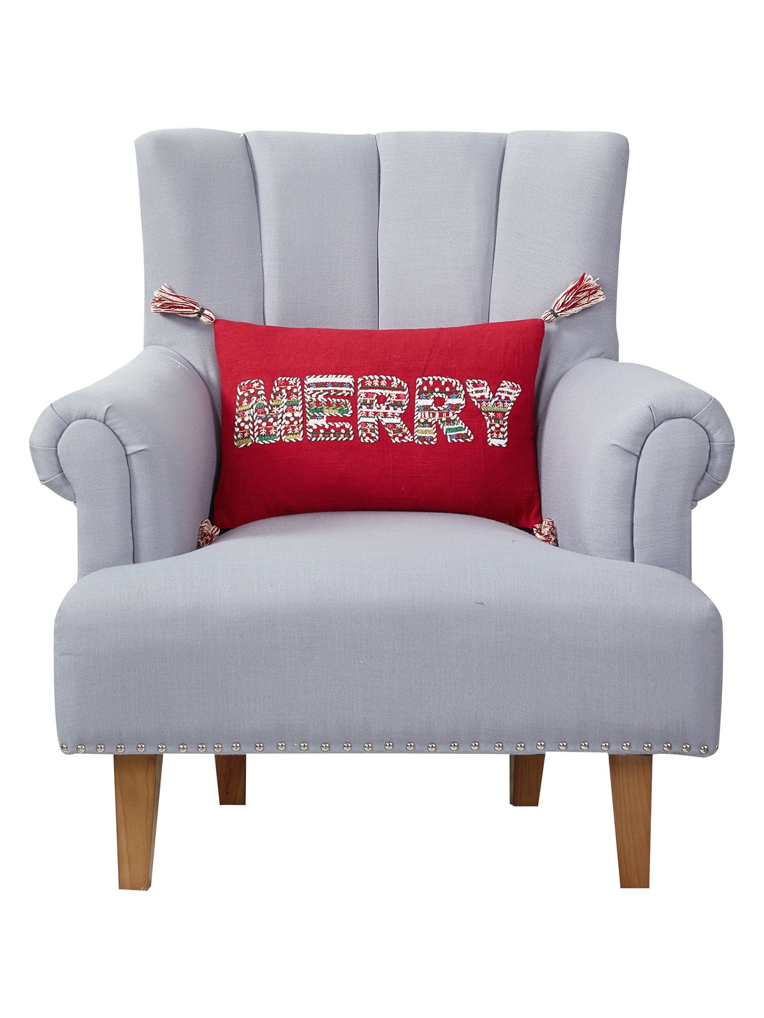 Merry with Tassels Embroidered Christmas Throw Pillow on an armchair, showing the throw pillow at room scale, 12x18 inch