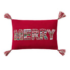 Merry with Tassels Embroidered Christmas Throw Pillow, 12x18 inch, front view