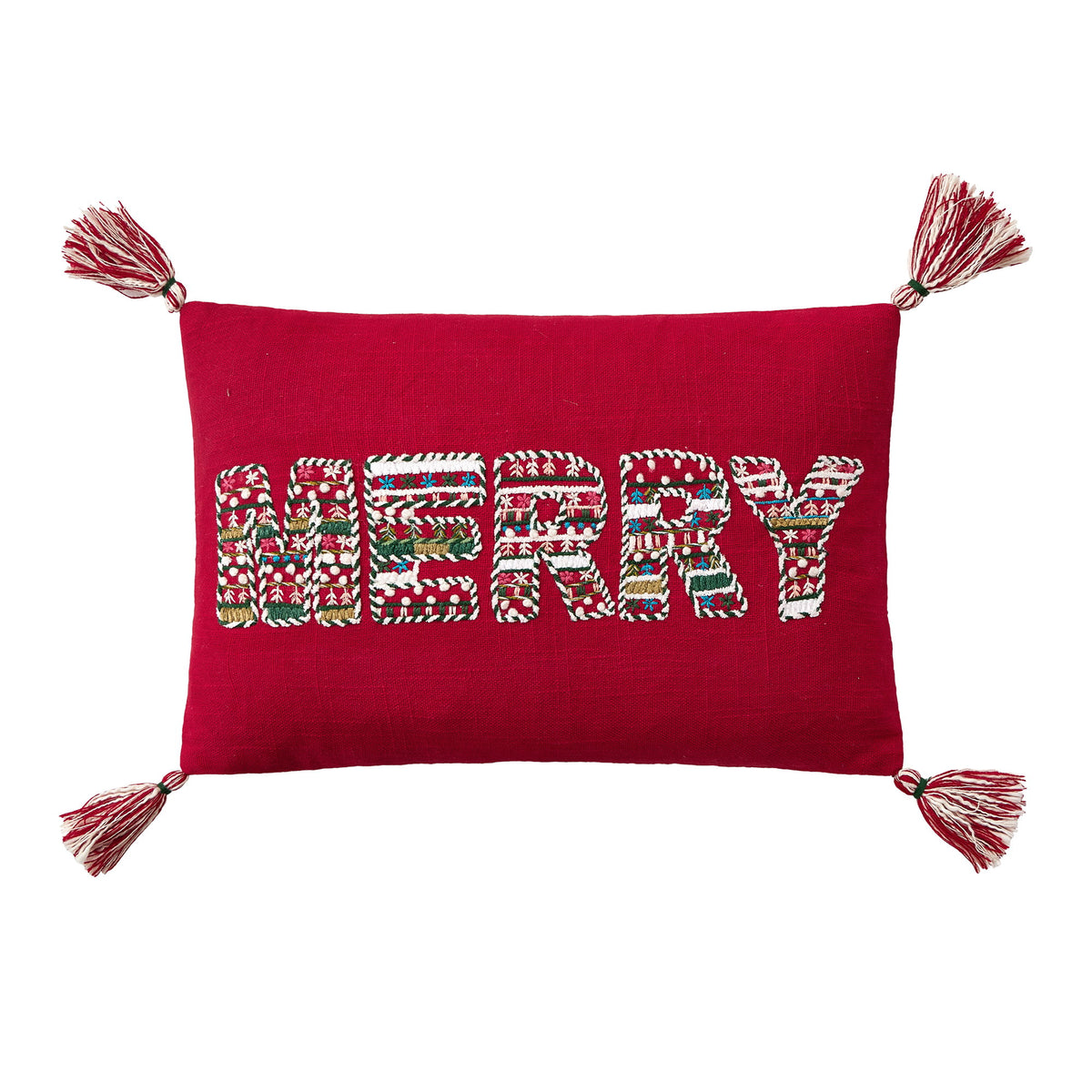 Merry with Tassels Embroidered Christmas Throw Pillow, 12x18 inch, front view
