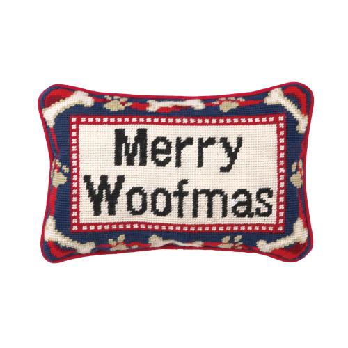 Merry Woofmas Wool Needlepoint Christmas Throw Pillow, 12x8 inch, front view
