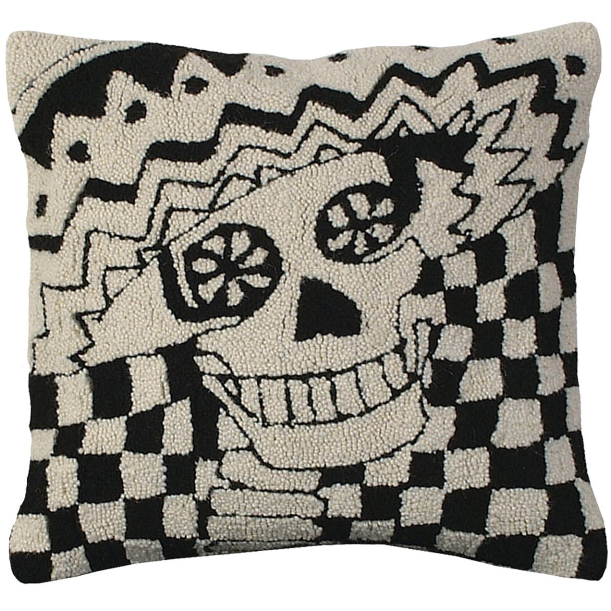 Mexican Day Of The Dead hooked wool throw pillow with artisan decorative design