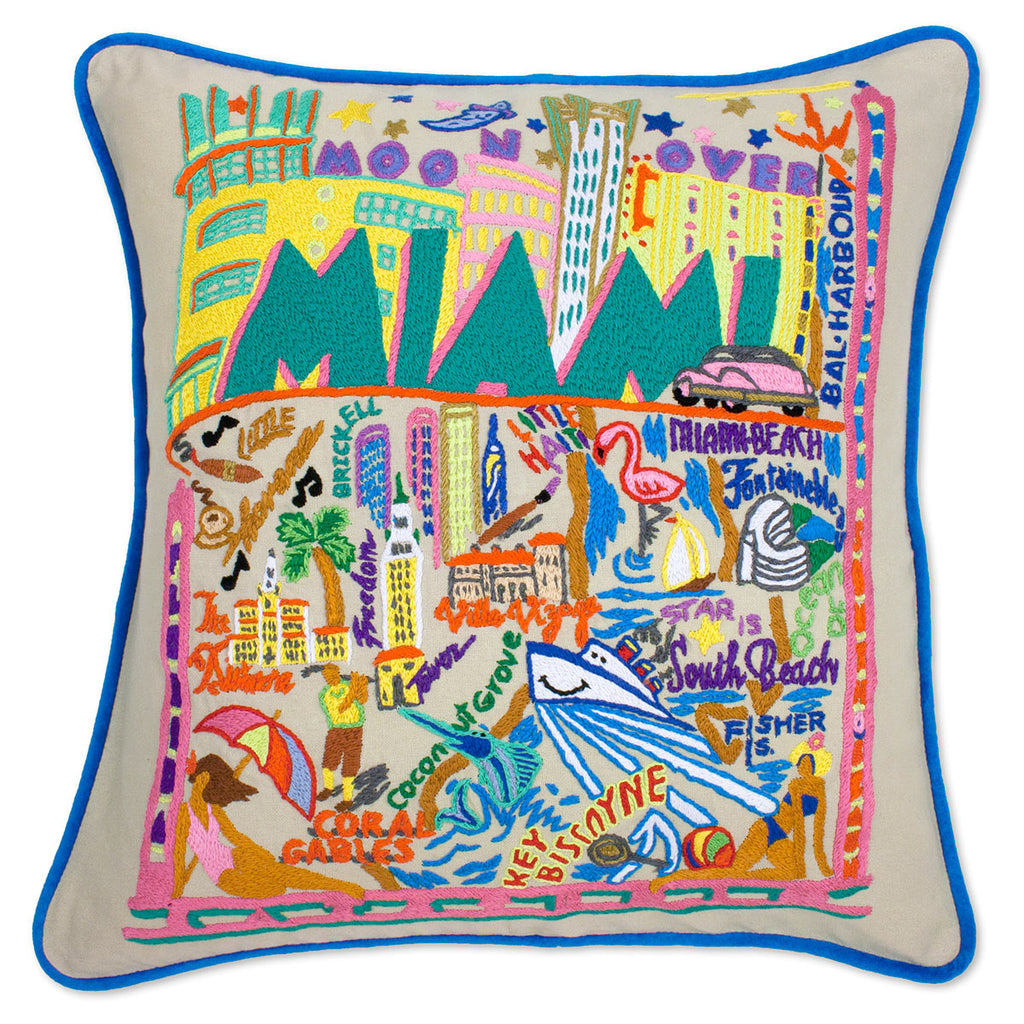 Miami, FL Magic City embroidered throw pillow with city skyline.
