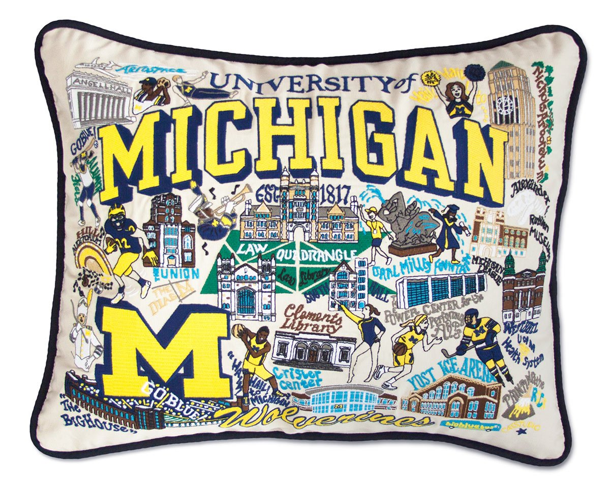 Michigan Wolverines University hand-embroidered throw pillow featuring school colors and mascot imagery