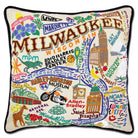 Milwaukee, WI Brew City hand-embroidered throw pillow showcasing iconic landmarks