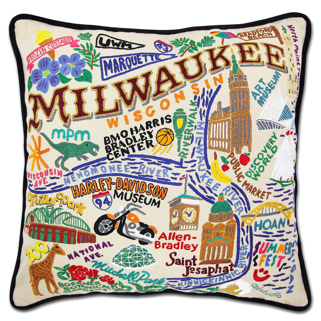 Milwaukee, WI Brew City embroidered throw pillow with beer-themed design.