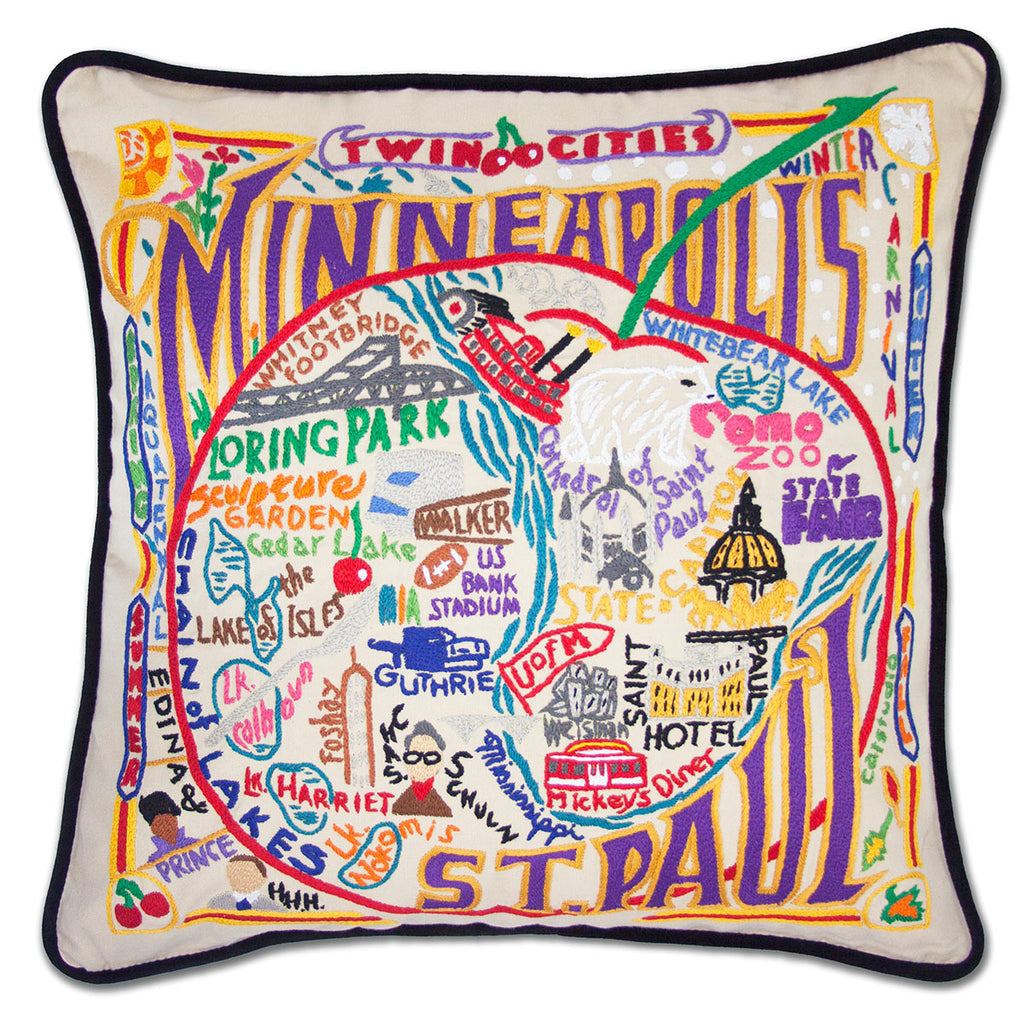 Minneapolis St. Paul, MN Twin Cities embroidered throw pillow with cityscape.