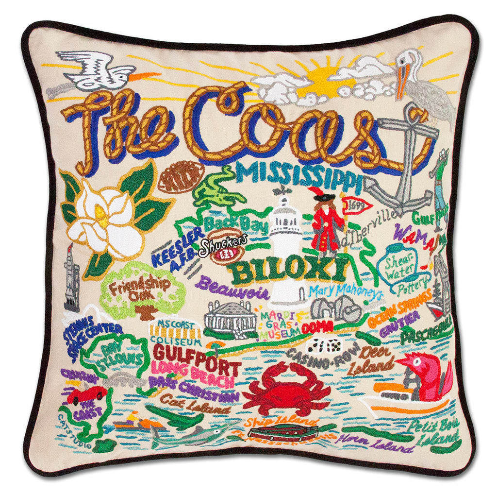 Mississippi Coast Beach embroidered throw pillow with coastal scene.
