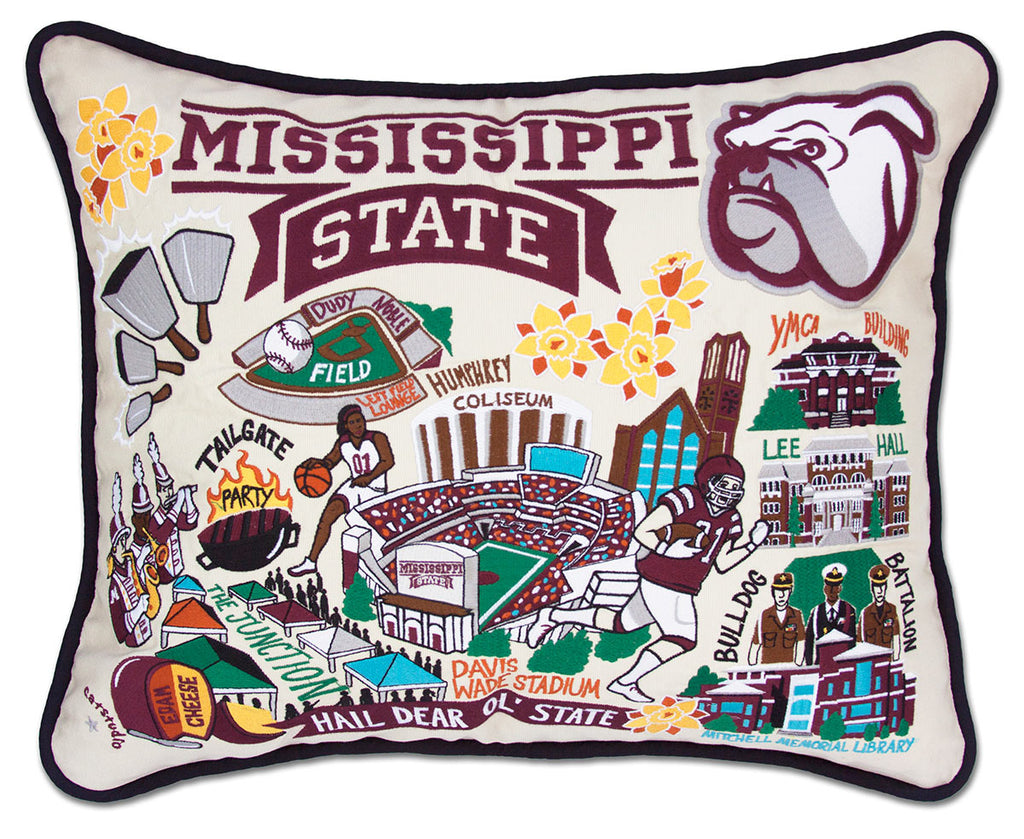 Mississippi State University Bulldogs embroidered throw pillow with school mascot.