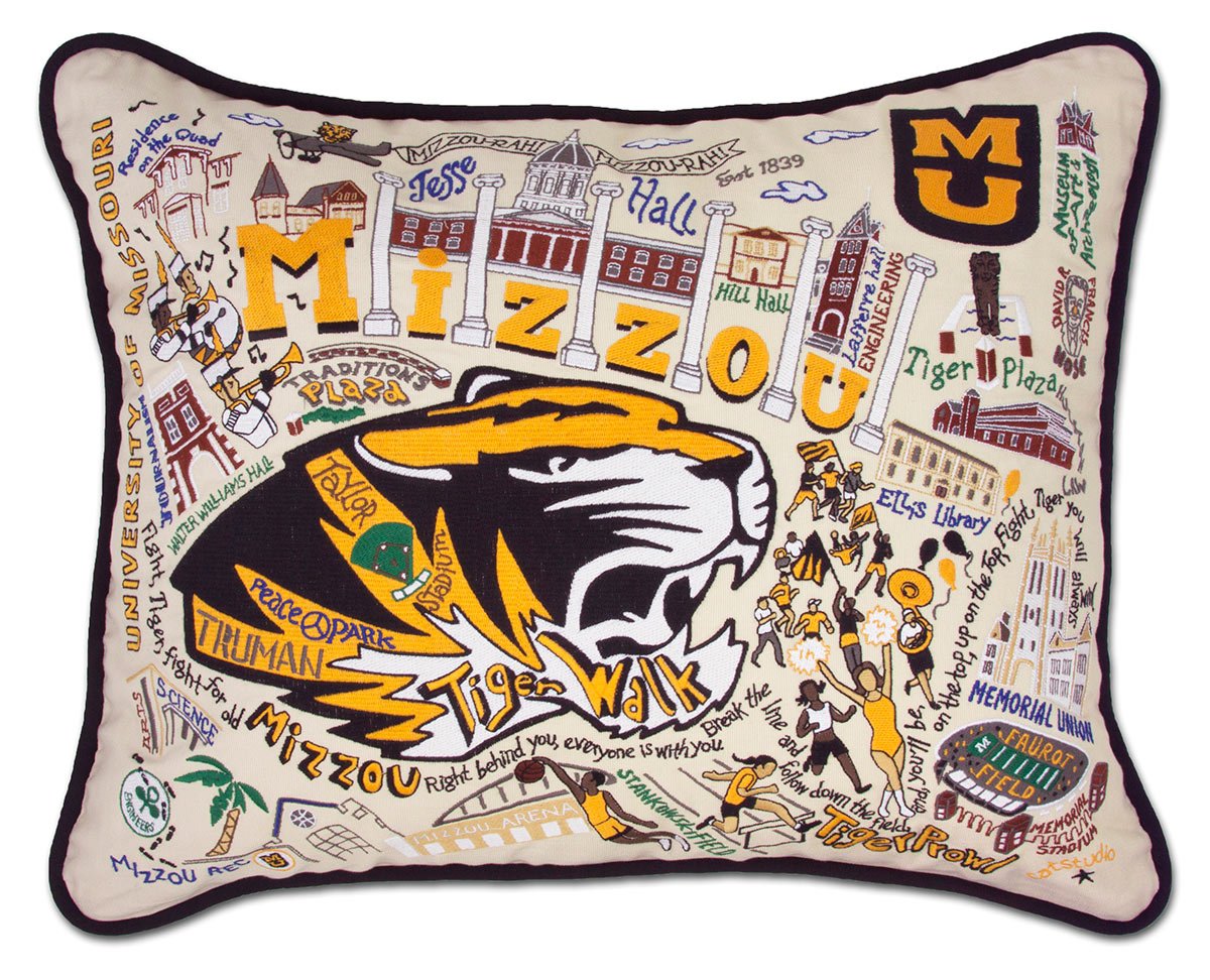 Missouri Tigers hand-embroidered throw pillow featuring school colors and mascot imagery