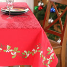 Closeup of Mistletoe Christmas Tablecloth showing print and fabric detail