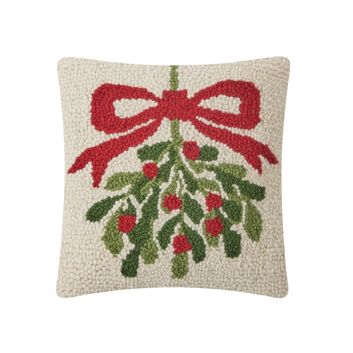 Mistletoe Hooked Wool Christmas Throw Pillow, 10x10 inch, front view