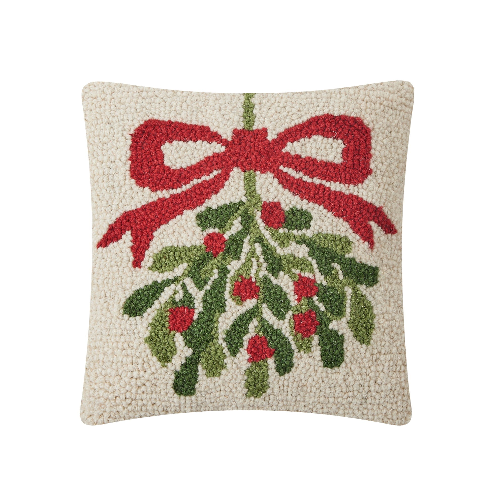 Mistletoe Hooked Wool Christmas Throw Pillow, 10x10 inch, front view