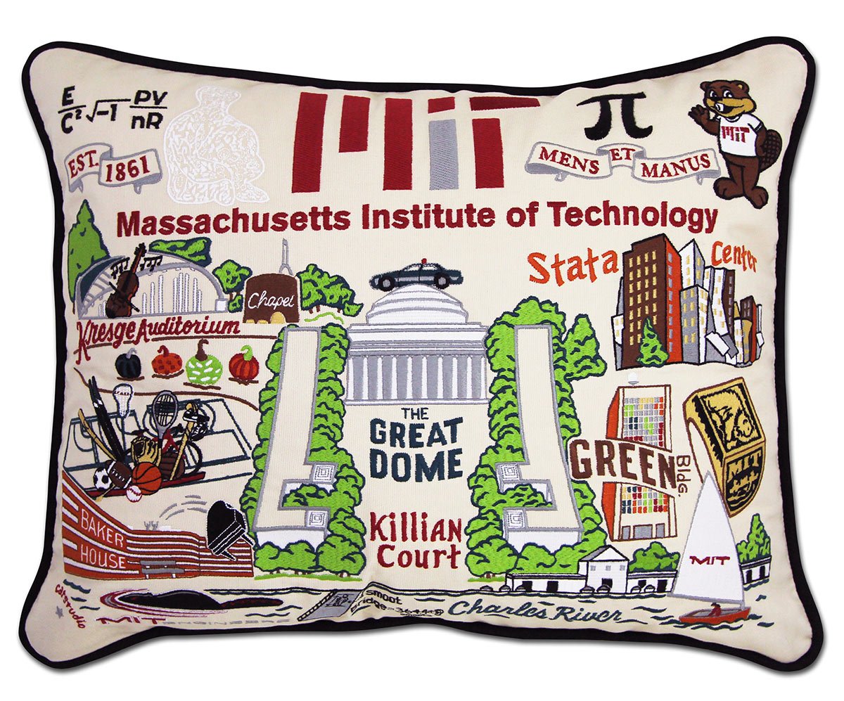 MIT Engineers hand-embroidered throw pillow featuring school colors and mascot imagery