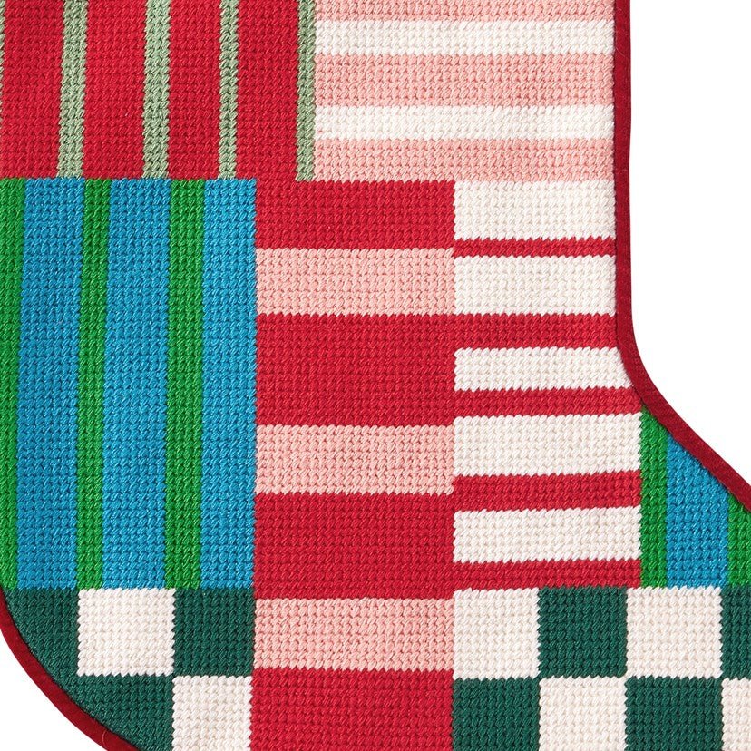Modern Patchwork Embroidered Needlepoint Christmas Stocking, close-up detail
