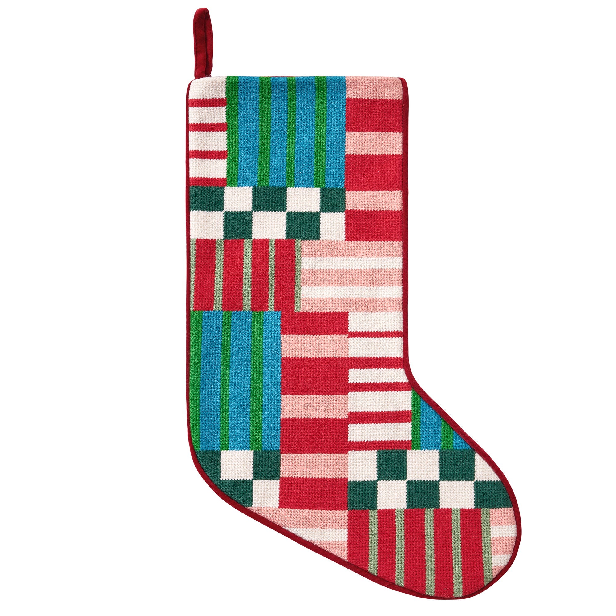 Modern Patchwork Embroidered Needlepoint Christmas Stocking, 11x18 inch, front view