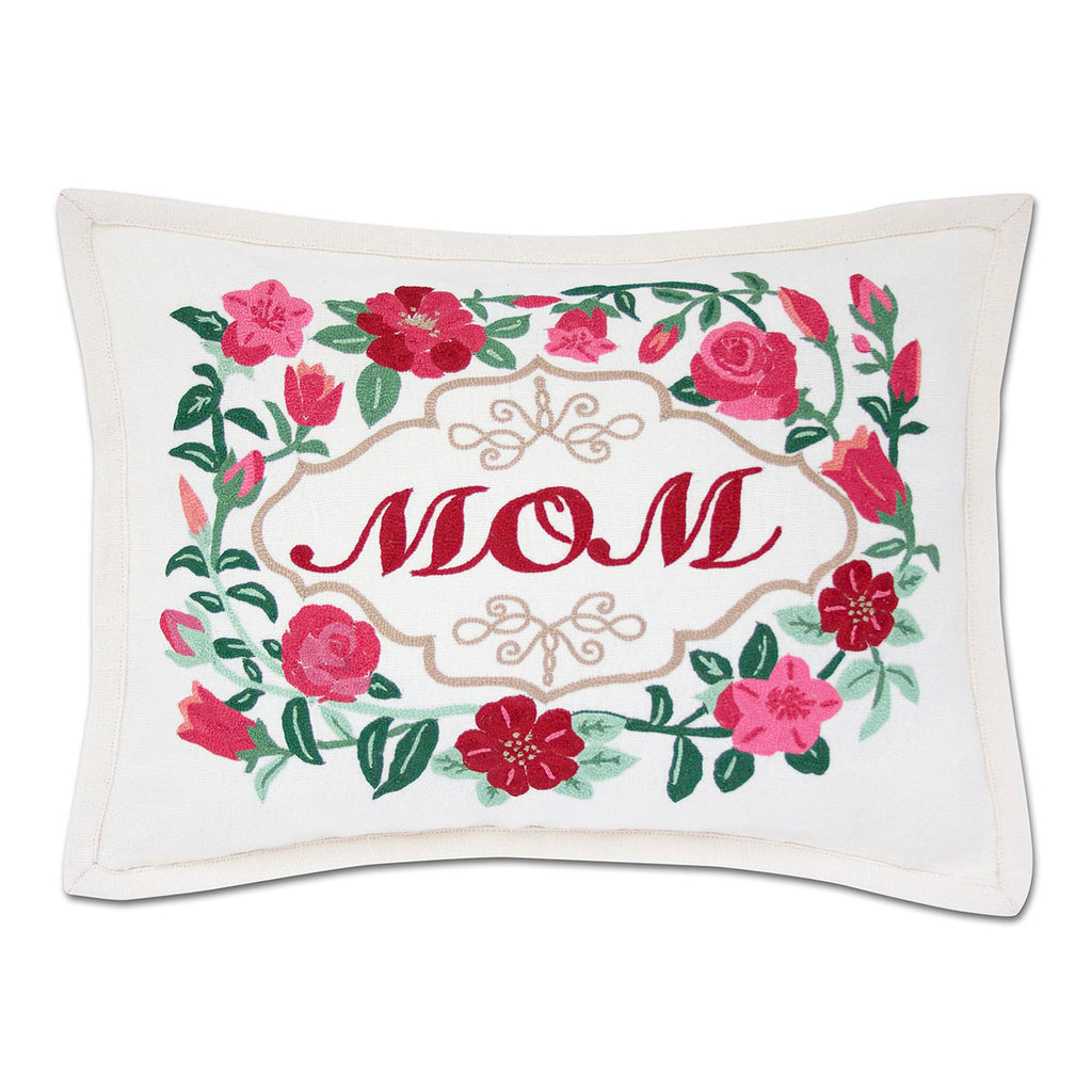 Mom Pink Love Gift hand embroidered throw pillow with heartfelt design.